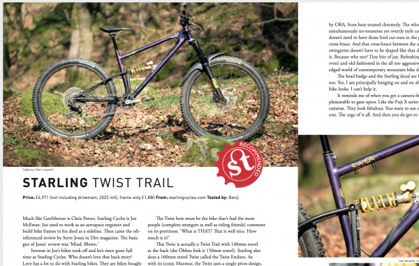 a clip from a magazine review of the starling twist trail. the bike has the "st recommended" sticker over it