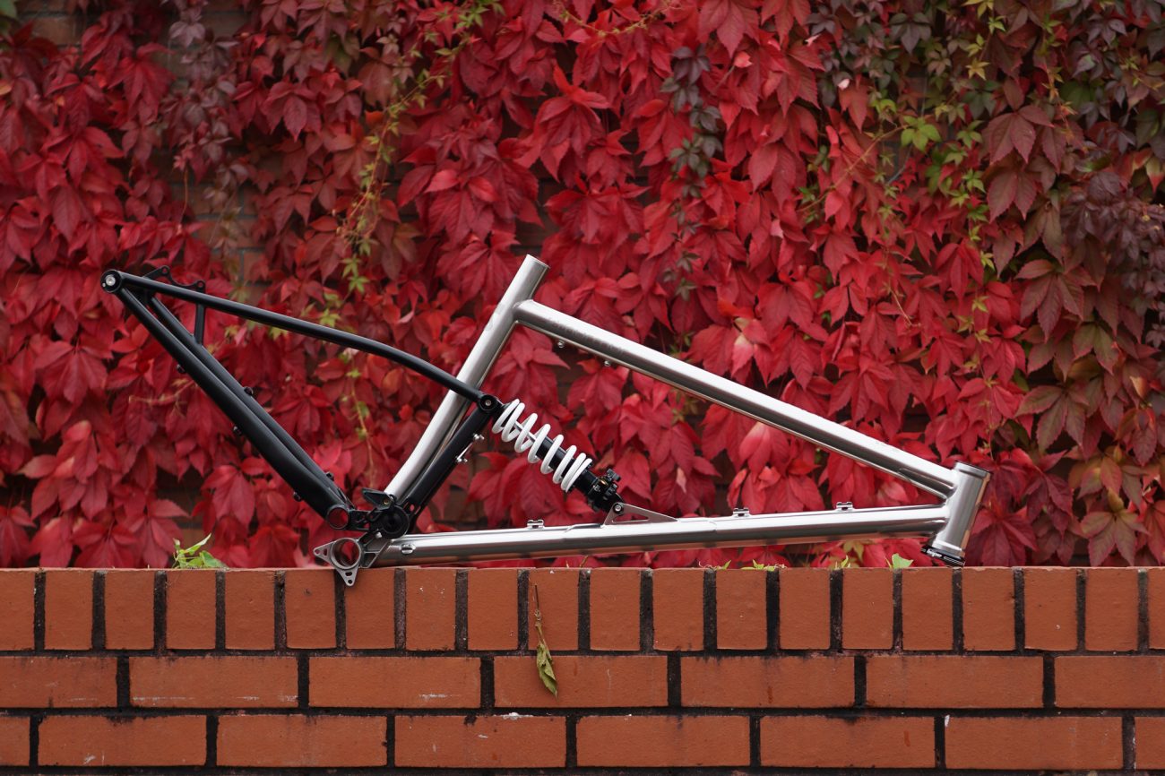 Starling Cycles Stainless Murmur frame on wall with red ivy behind