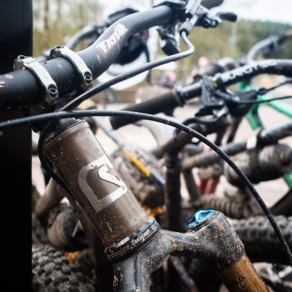 Starling cycles headtube badge and a load of Starling bikes in the background